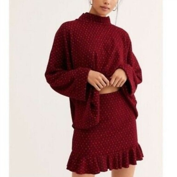 Free People Set the Mood‎ 2-Piece Knit Sweater Skirt Set Wine Red L - Picture 1 of 16